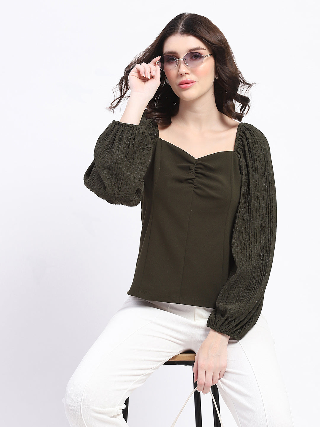 Madame Sweetheart Neck Elasticated Rush Detailed Solid Olive Knit Moss Top