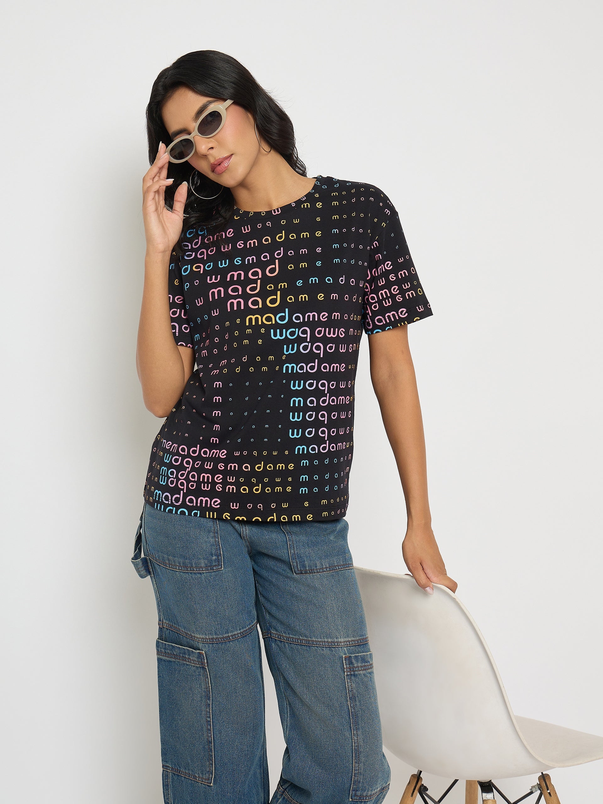 Madame All Over Print Black Cotton T-Shirt