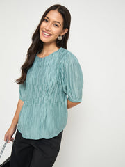 Madame Textured Embellished Tencel Blend Green Top