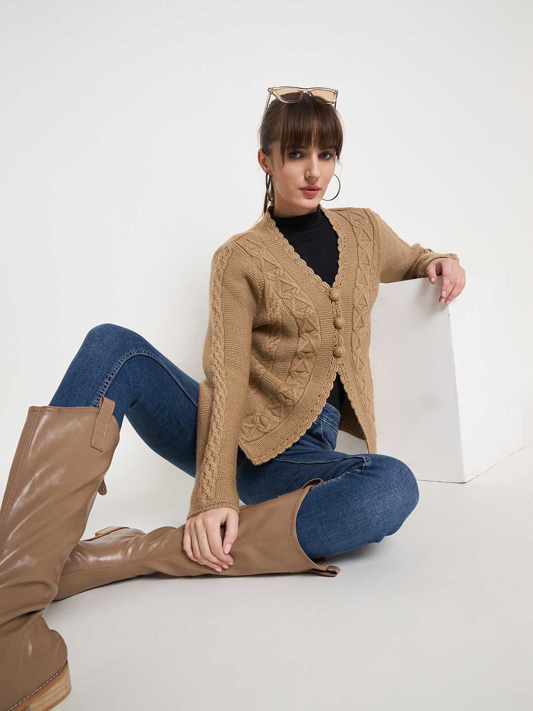 Madame Camel Cable Knit Acrylic Cardigan