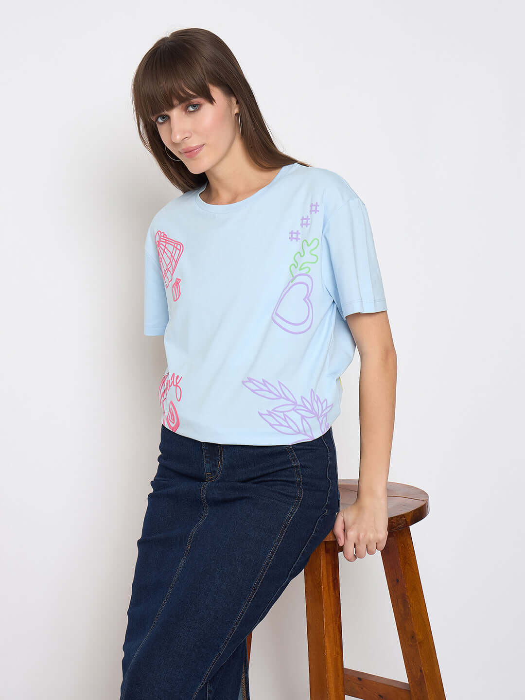 Madame Front And Back Printed Light Blue Sinker Tshirt