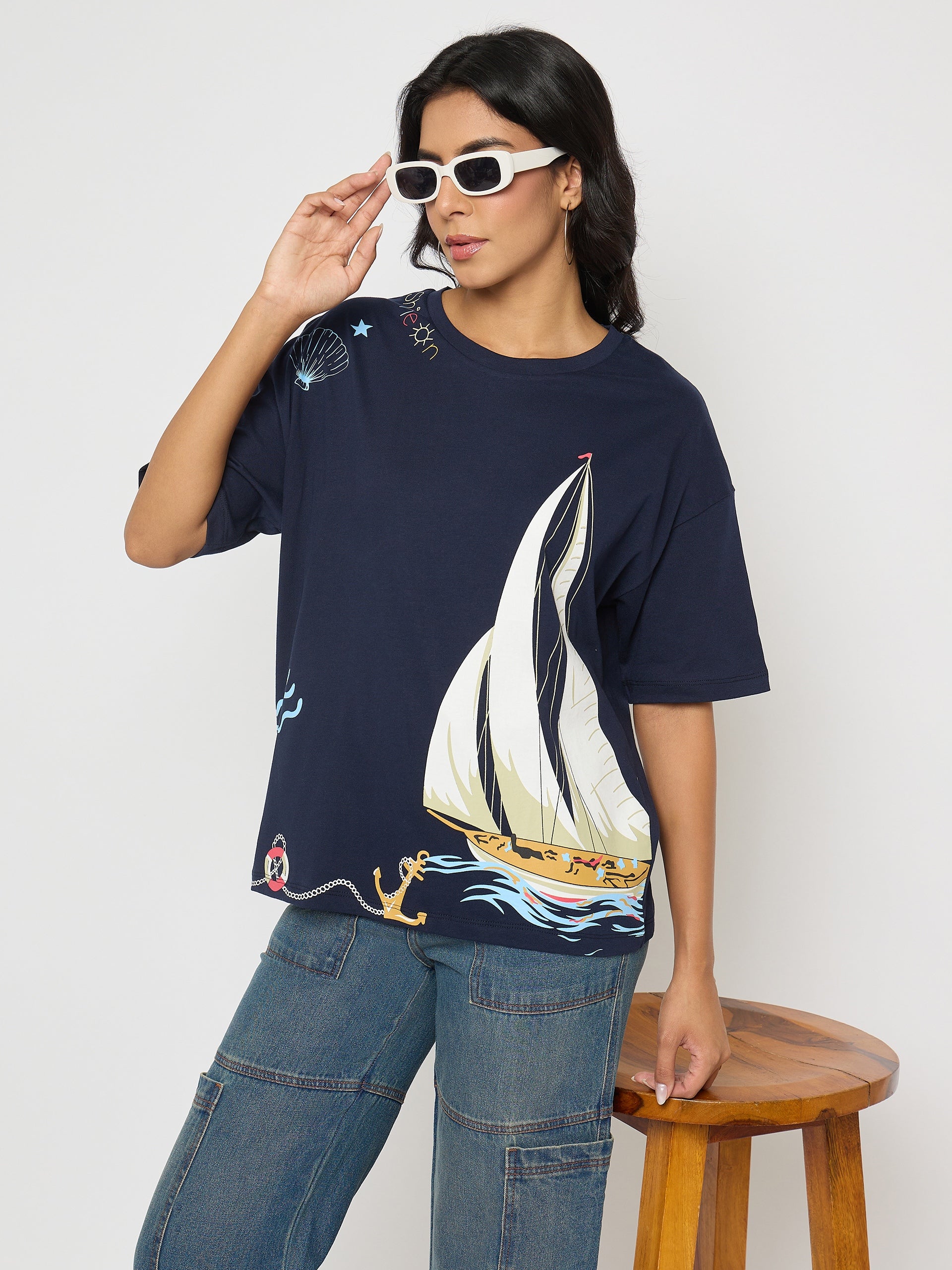 Madame Abstract Print Navy Blue Cotton T-Shirt