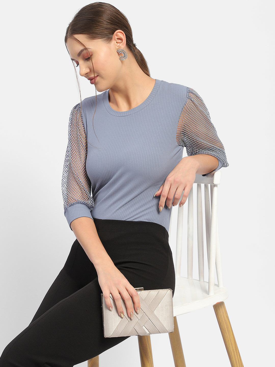 Madame Knit Sleeve Grey Regular Top