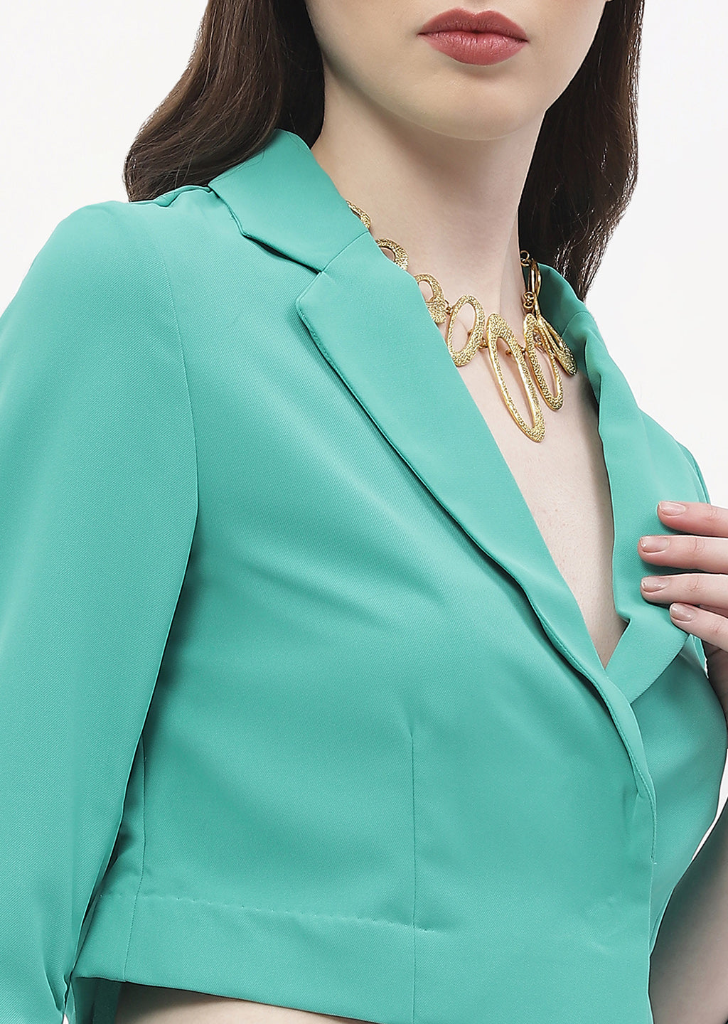 Madame Ruched Sleeve Green Lapel Collar Crop Blazer