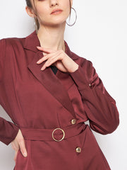 Madame Buckle Belted Solid Wine Red Wrap Blazer