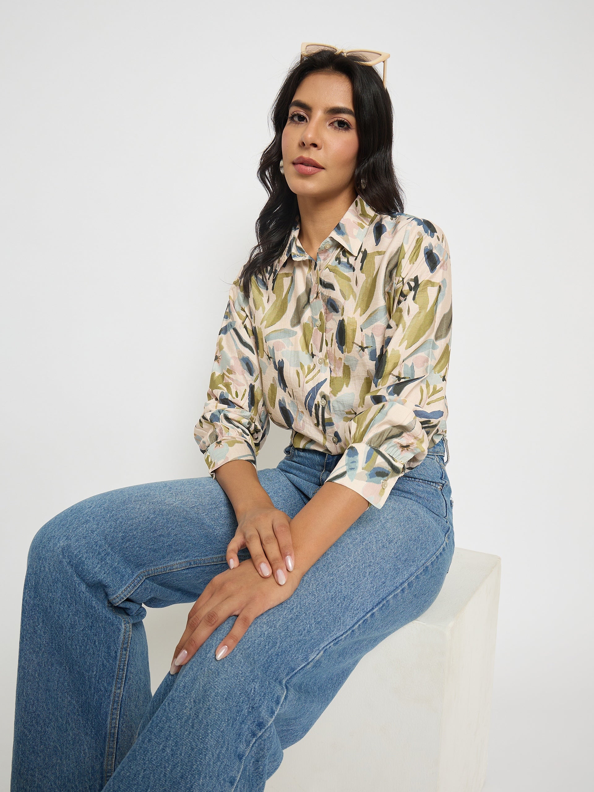 Madame Abstract Print Olive Green Rayon Blend Shirt