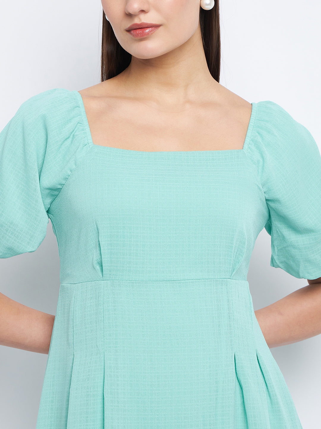 Madame Pleat Detailed Square Neck Sea Green Mini Dress