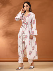 Green Floral Printed Cotton 3-Piece Crop Top With Shrug And Pant Co-Ord Set