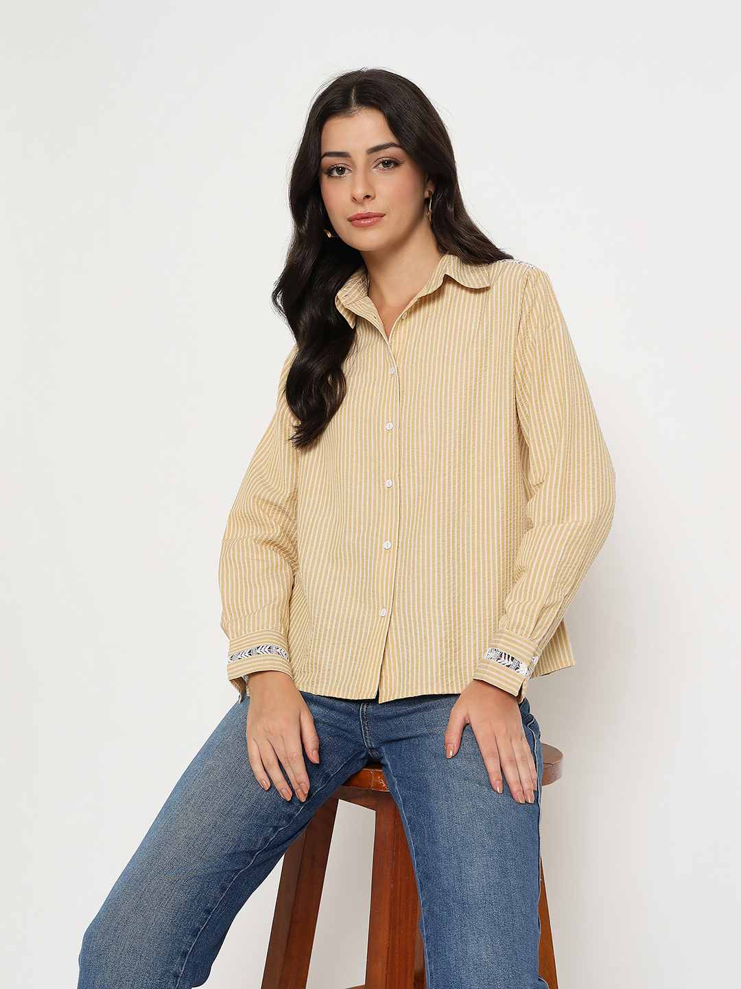 Madame Textured Embroidered Accents Beige Shirt