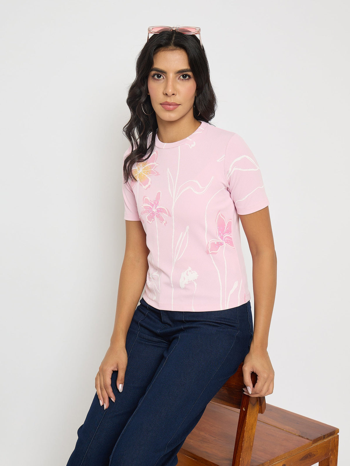 Madame Floral Print Sequin Detailed Pink T-Shirt