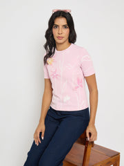 Madame Floral Print Sequin Detailed Pink T-Shirt