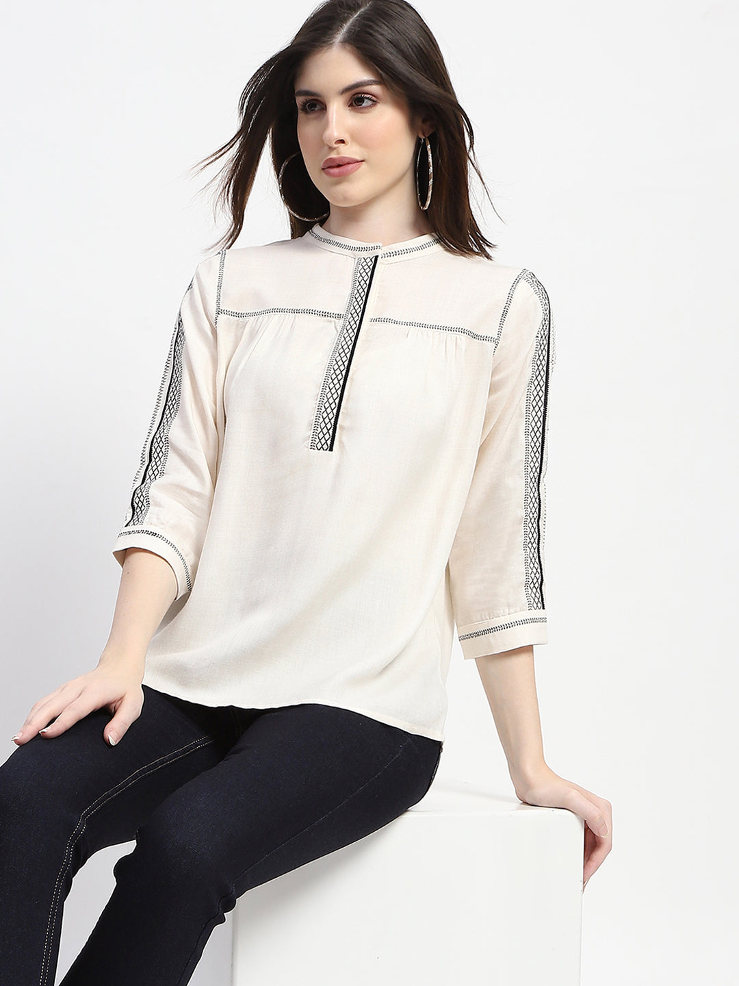 Madame Embroidered Off White Top