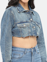 Madame Distressed Hem Blue Crop Denim Jacket