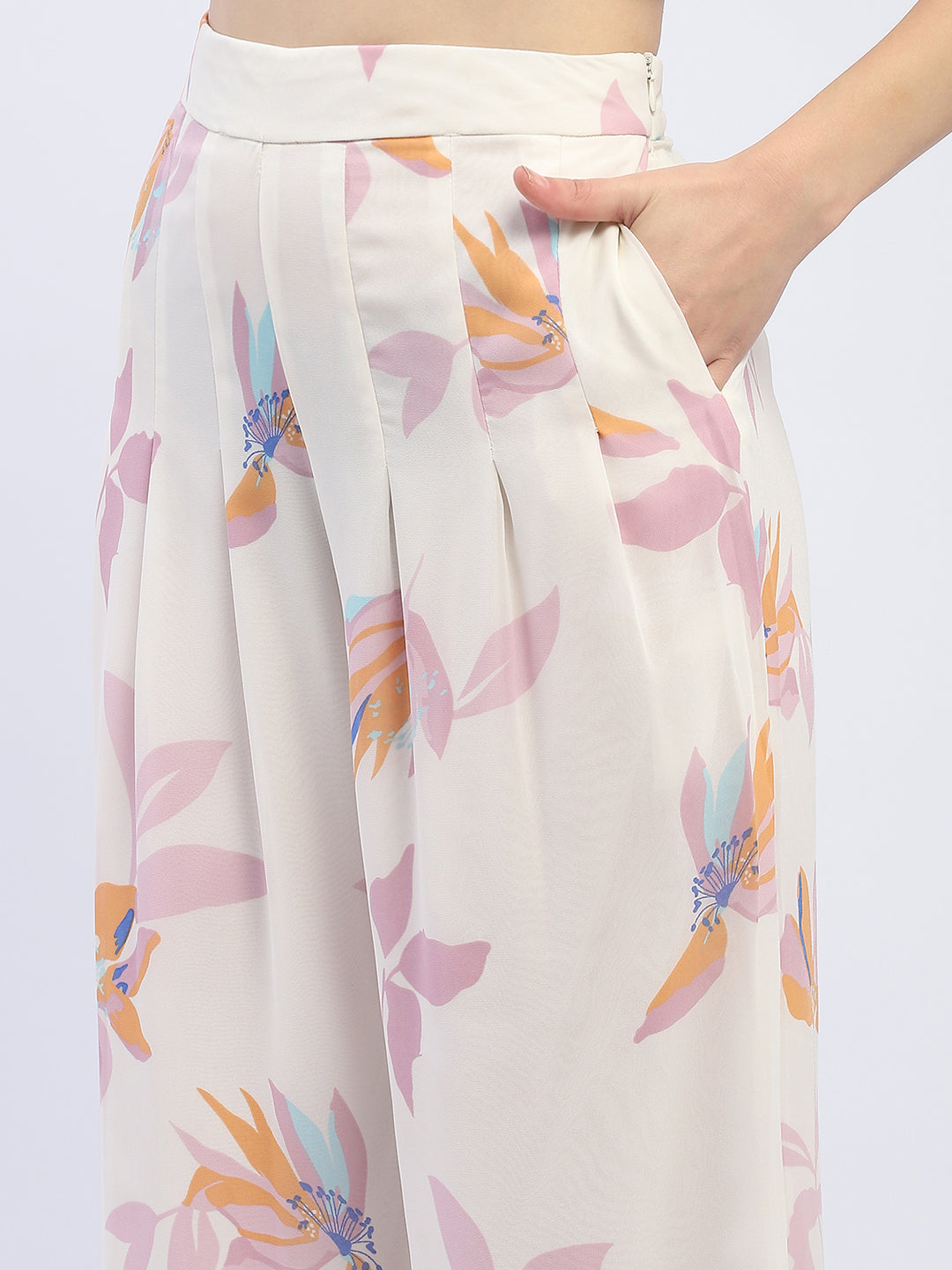 Madame Floral Off-White Front Pleated Trouser