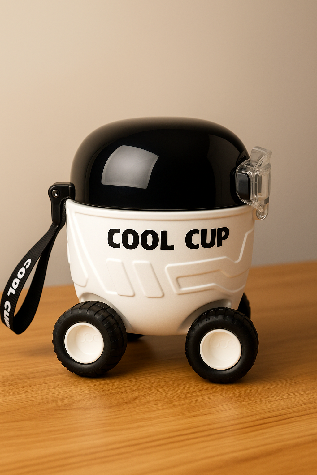 Cool Cup Car-Shaped Sipper Bottle With Wheels & Straw – Bpa-Free Leak-Proof Kids Cup (White & Black)