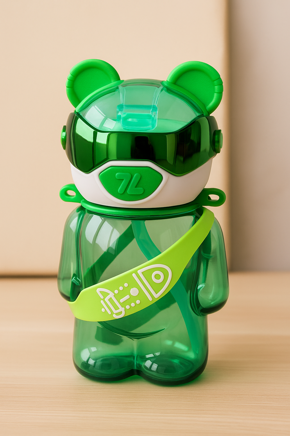 Cool robot bear kids water bottle from Goyalsons ShopMax with straw, strap, and leak-proof design for children.