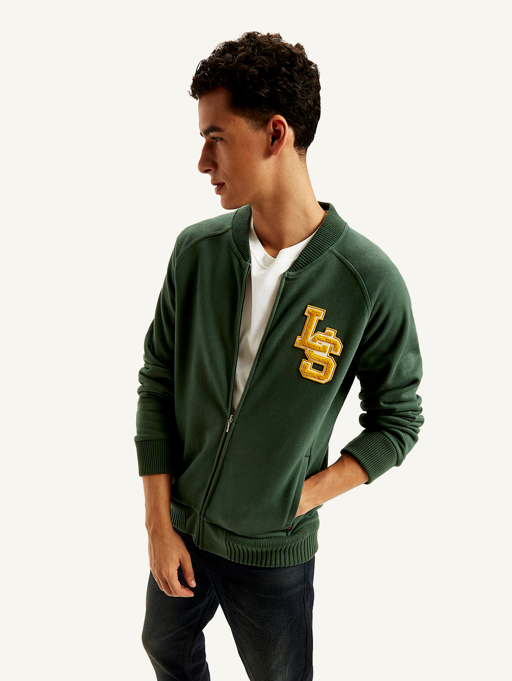 Men'S Brand Logo Green Band Neck Zip-Front Sweatshirt