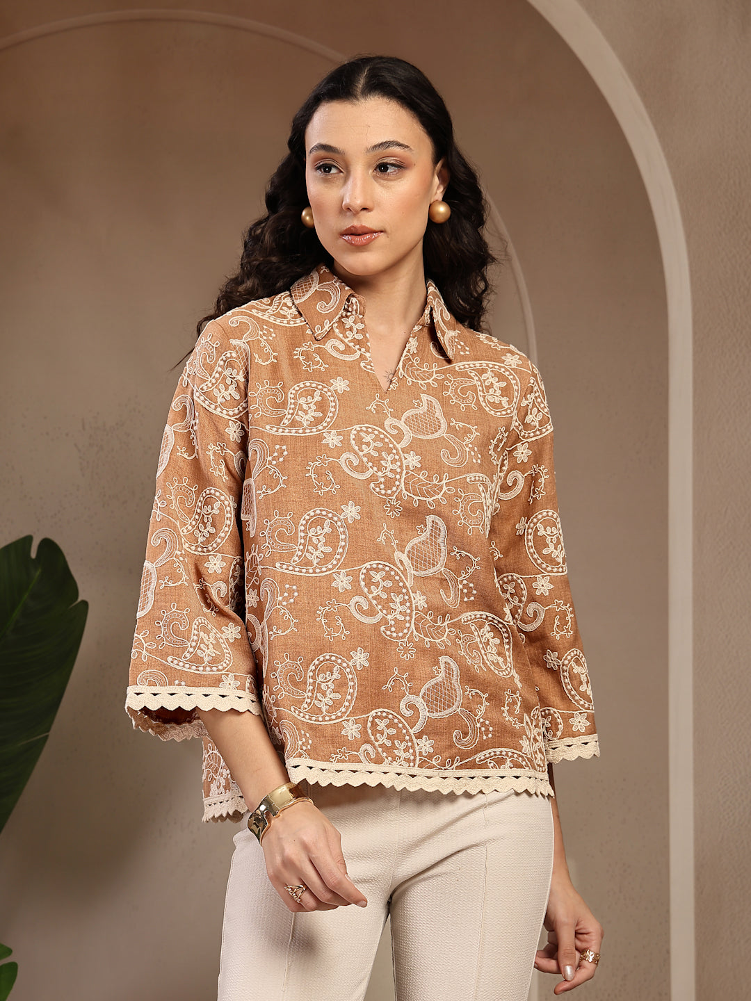 Gipsy Beige Embroidered Rayon Tunic
