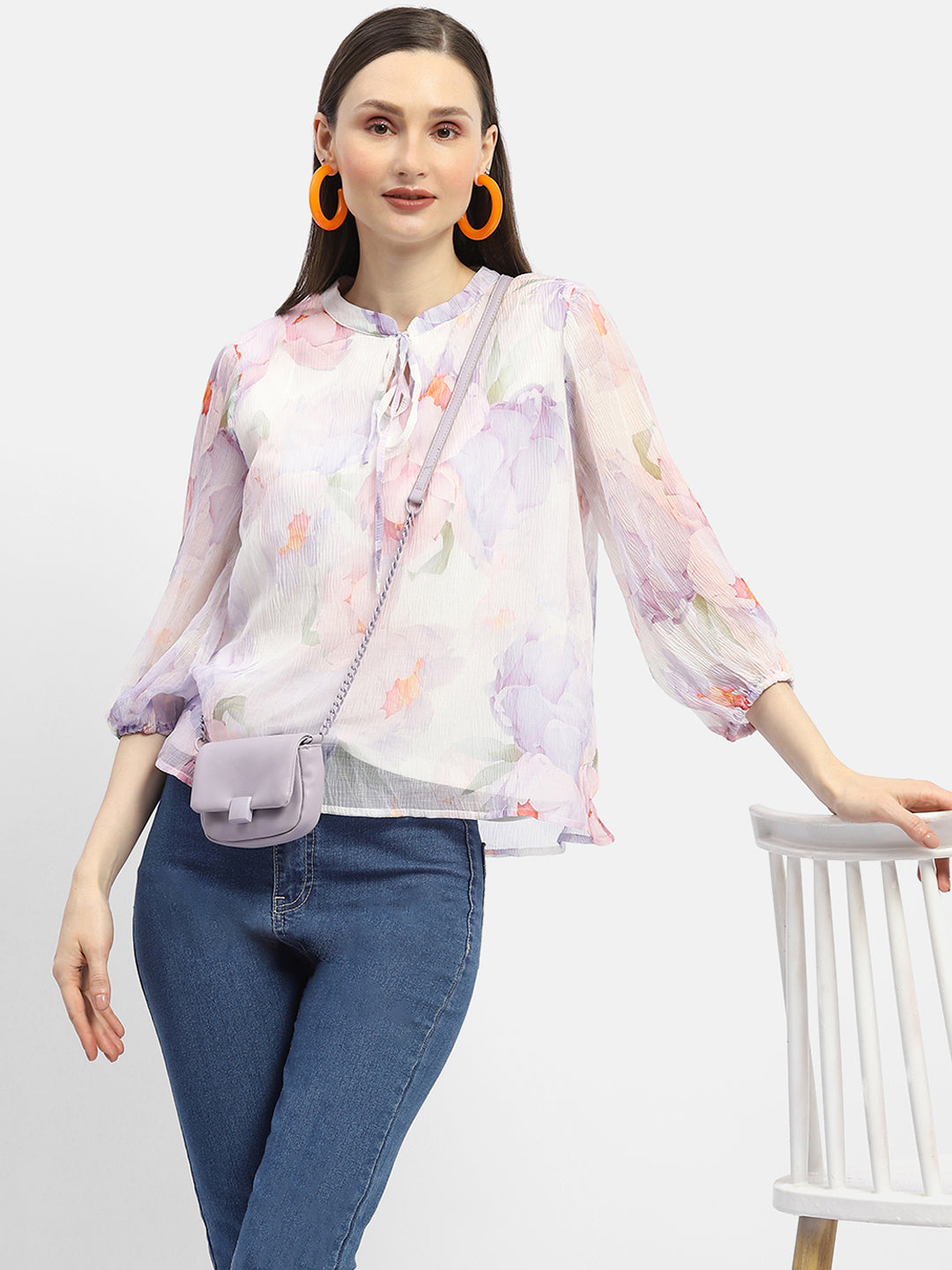 Madame Tie-Up Neck Off-White Floral Top