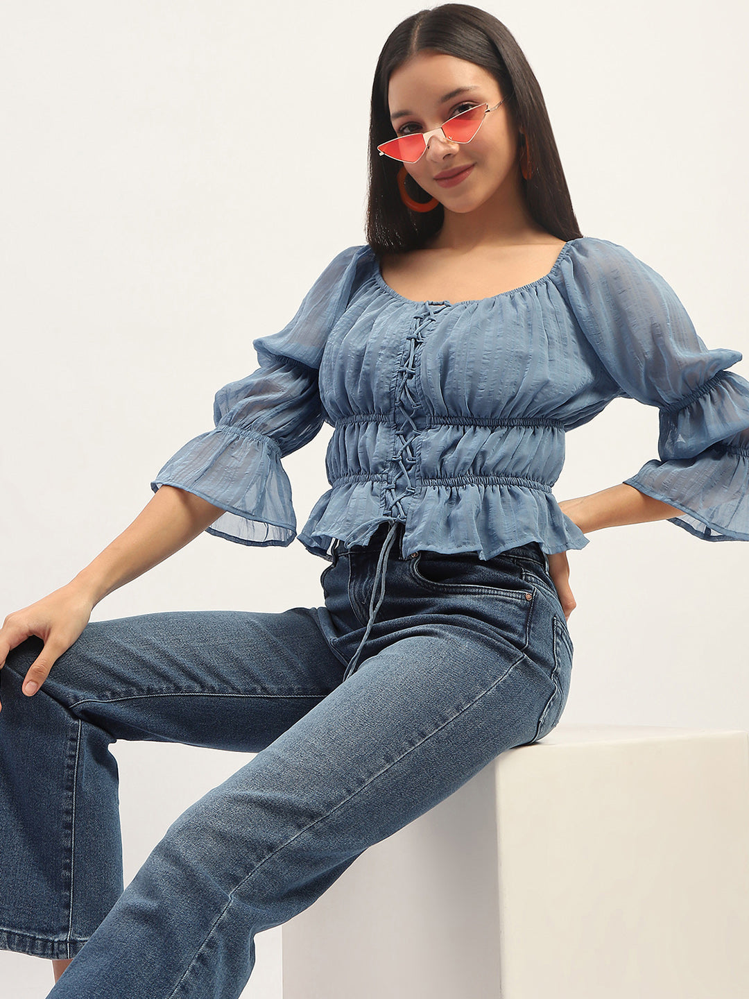 Madame Ruched Detailing Blue Peplum Top