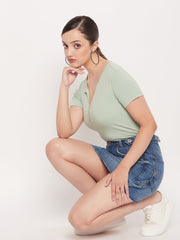 Madame Green Deep V Neck Fitted Cotton T-Shirt