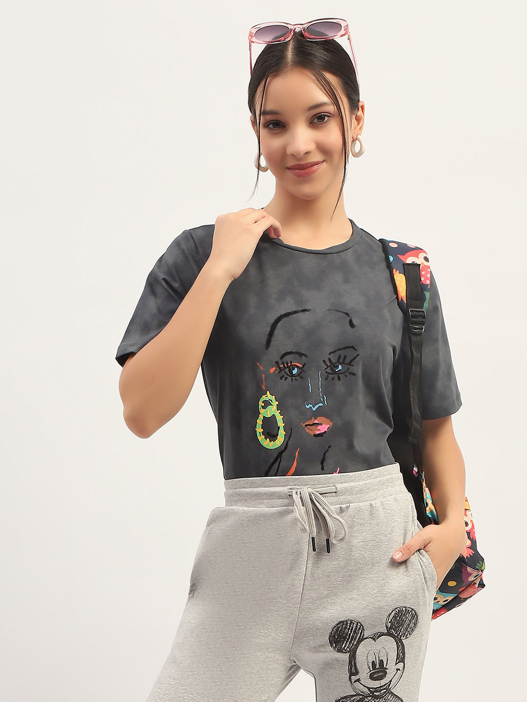 Madame Printed Charcoal Cotton T-Shirt