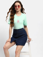 Madame Embroidered Mint Green Regular T-Shirt