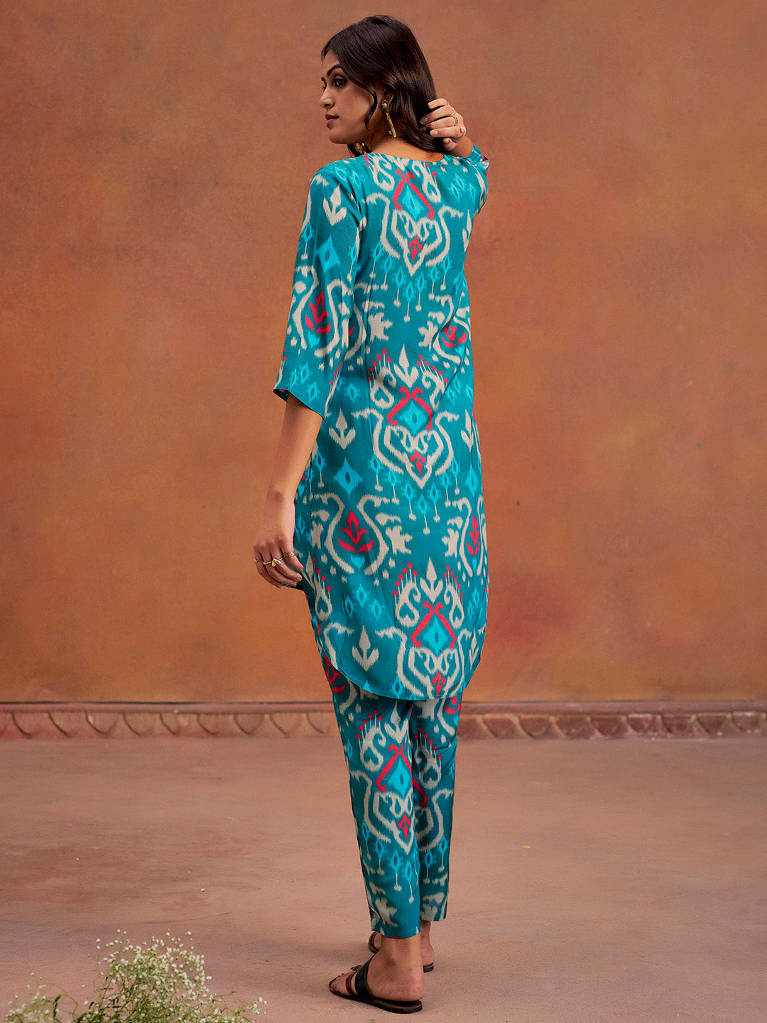 Teal Ikat Printed Festive Co-Ord Set