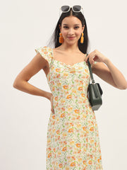 Madame Printed Front Slit Fit And Flare Ivory Dress