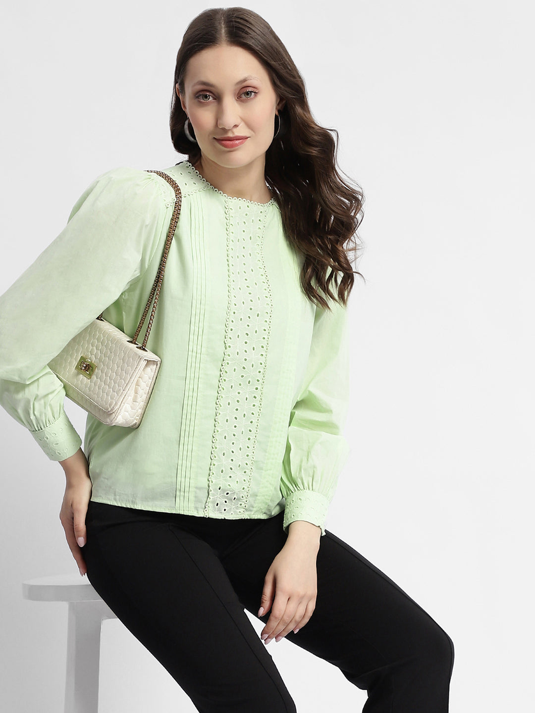 Madame Schiffli Adorned Puff Sleeve Mint Green Top