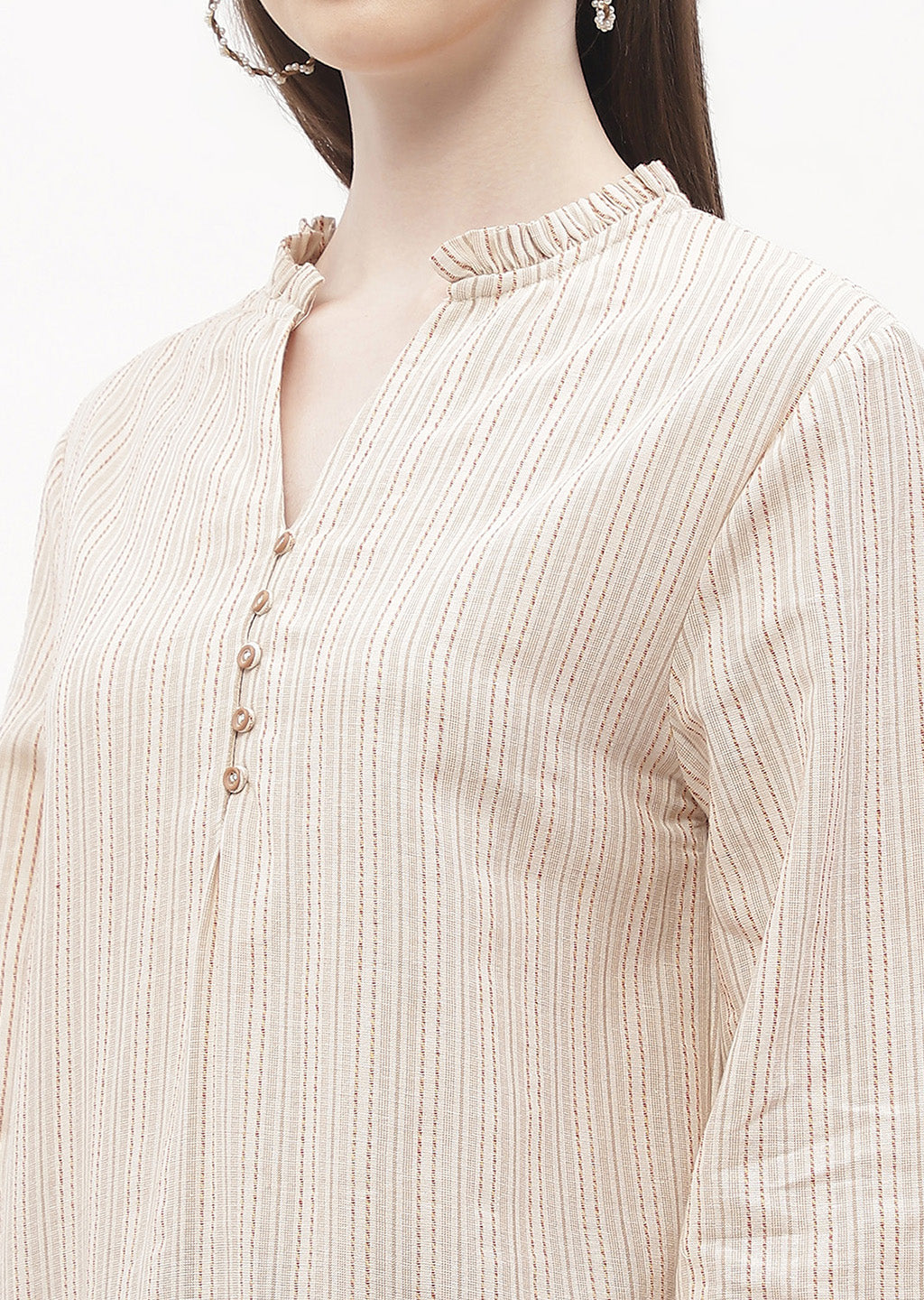 Madame Ruffle Mandarin Collar Beige Striped Top