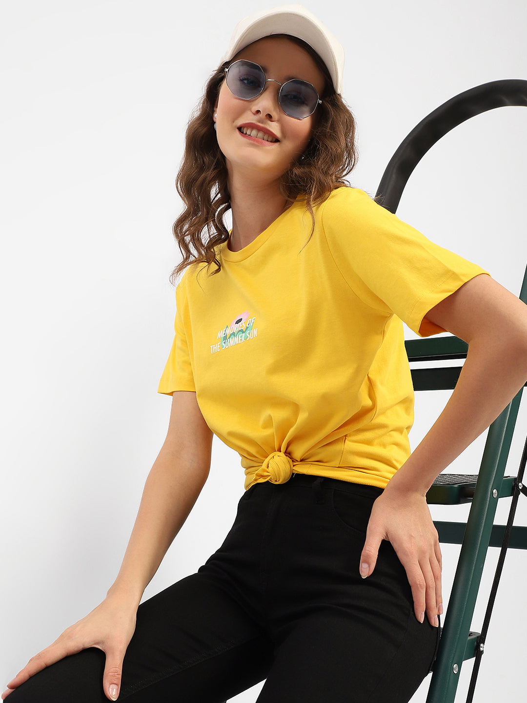 Madame Graphic Printed Round Neck Cotton Yellow T-Shirt