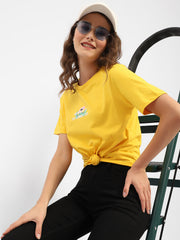 Madame Graphic Printed Round Neck Cotton Yellow T-Shirt