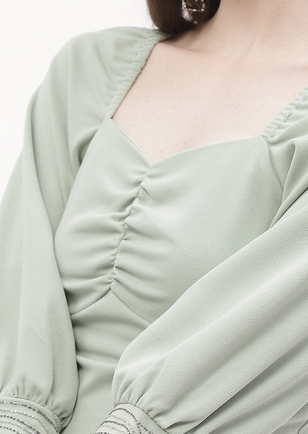 Madame Sweetheart Neck Sage Green Embellished Cuffs Top