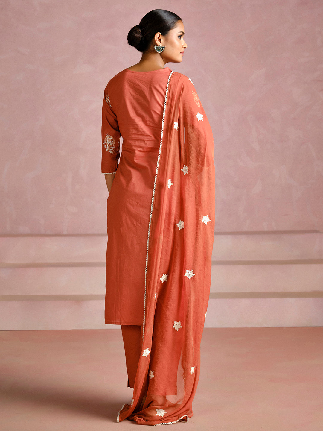 Rust Thread Embroidered Cotton Kurta Set With Dupatta
