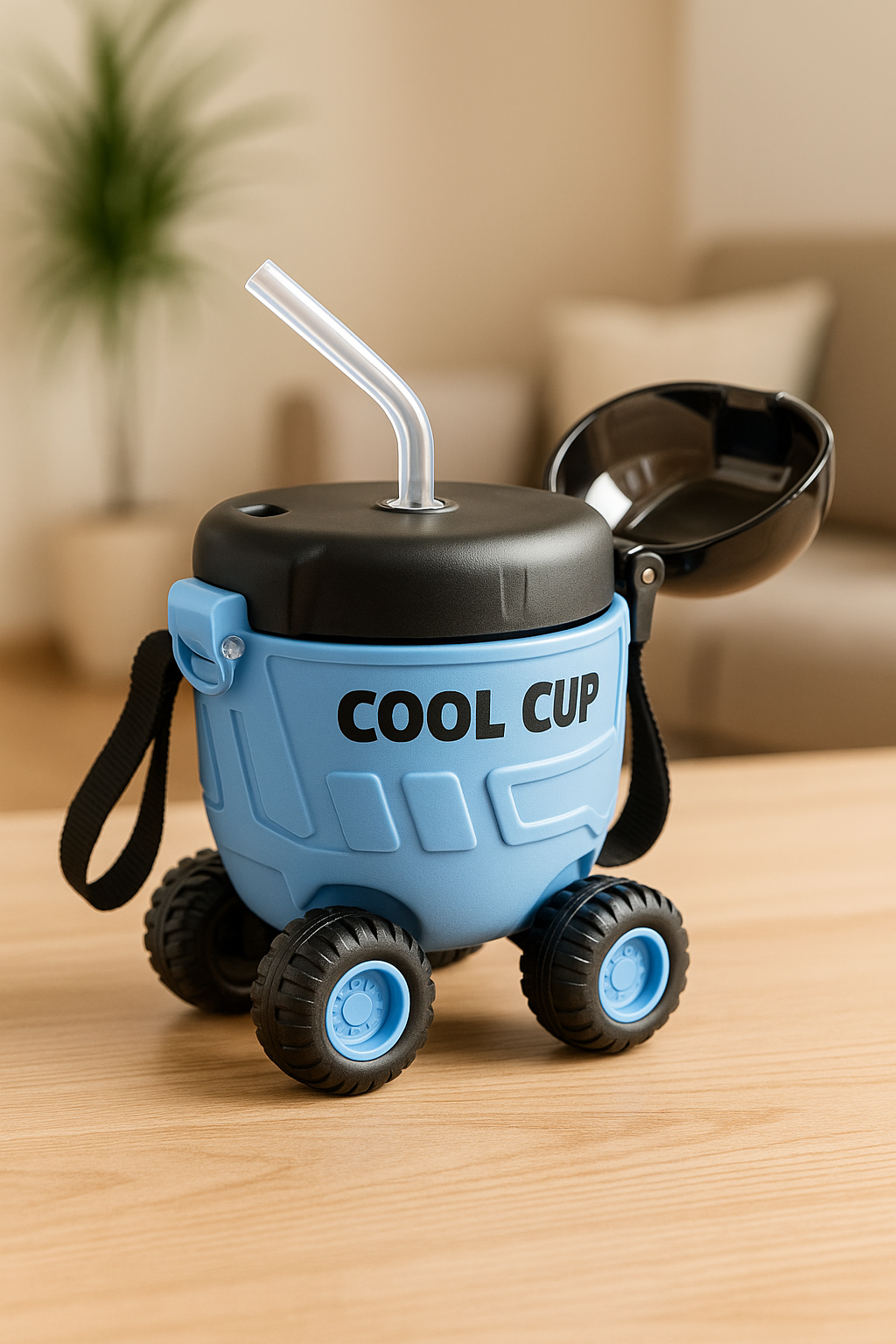 Cool Cup Car-Shaped Sipper Bottle With Wheels & Straw – Fun Bpa-Free Leak-Proof Kids Cup (Blue & Black)