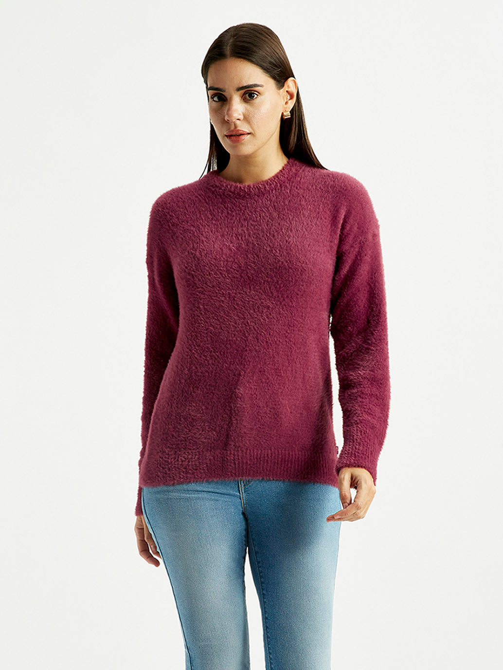 Women'S Solid Maroon Crew Neck Sweater