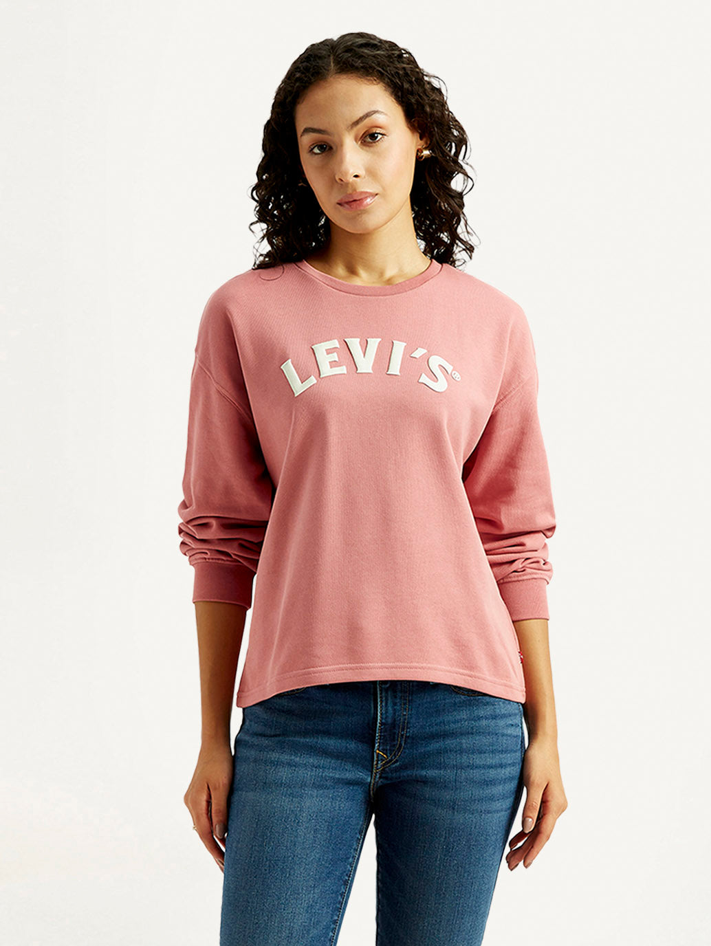 Levi's women's logo crew neck sweatshirt, front view showing classic design and brand logo, casual Western style top for women.