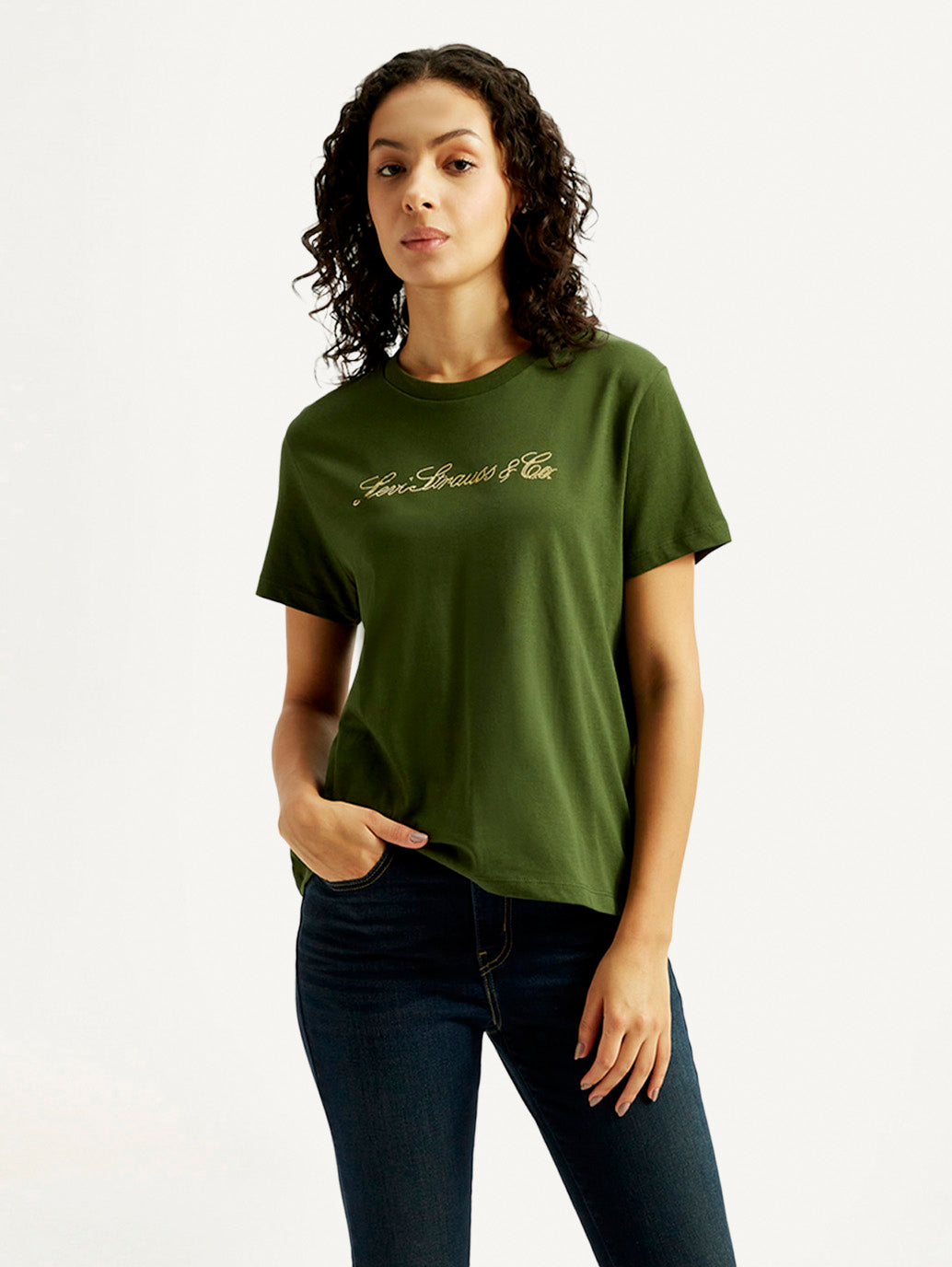 Levi's women's typography crew neck T-shirt featuring bold printed design, casual fit, and classic short-sleeve style.