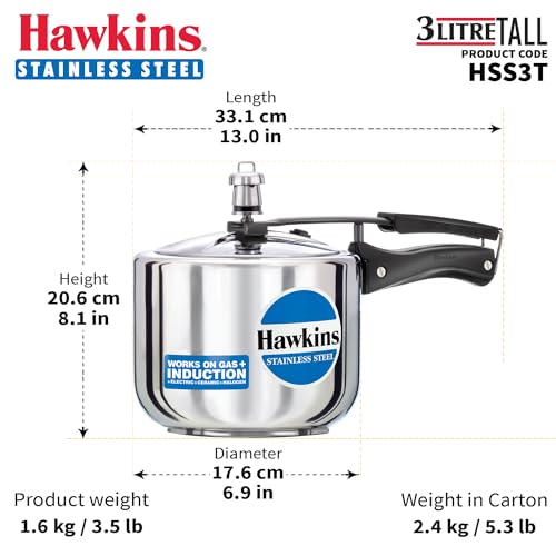 Hawkins 3 Litre Pressure Cooker, Stainless Steel Inner Lid Cooker, Induction Cooker, Silver (Hss3T), 3 Liter