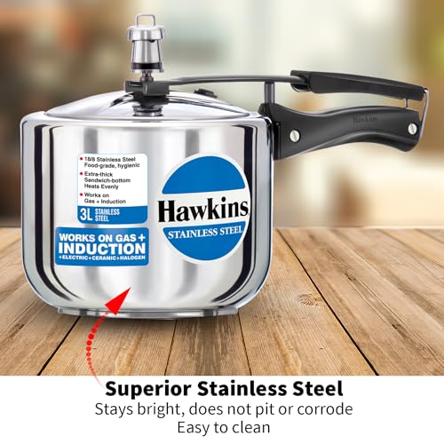 Hawkins 3 Litre Pressure Cooker, Stainless Steel Inner Lid Cooker, Induction Cooker, Silver (Hss3T), 3 Liter