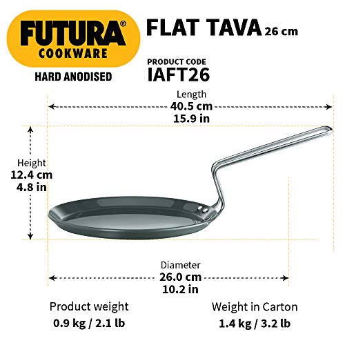 Hawkins Futura 26 cm Flat Tava, Non Stick Tawa with Stainless Steel Handle, Tawa with Rim, Pancake Pan, Flat Pan, Black (NFT26)