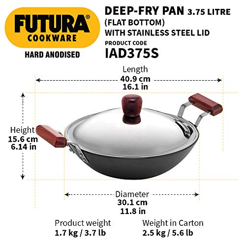 Hawkins Futura 3.75 Litre Deep Fry Pan, Hard Anodised Kadai with Stainless Steel Lid, Flat Bottom Induction Kadhai, Black (IAD375S)