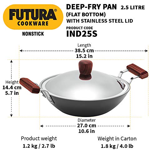 Hawkins Futura 2.5 Litre Deep Fry Pan, Non Stick Kadai with Stainless Steel Lid, Flat Bottom Induction Kadhai, Black (IND25S)
