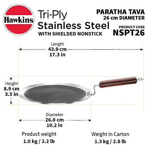 Hawkins 26cm stainless steel paratha tawa with rosewood handle, honeycomb non-stick coating, suitable for induction cooking.
