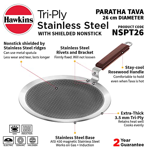 Hawkins 26cm stainless steel paratha tawa with honeycomb nonstick surface and rosewood handle for induction cooking.