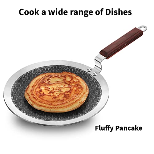 Hawkins 26cm stainless steel paratha tawa with nonstick coating and rosewood handle, honeycomb surface for even cooking.