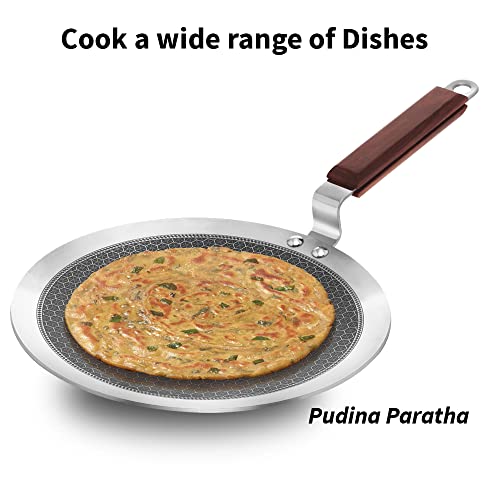 Hawkins 26cm stainless steel paratha tawa with nonstick surface, rosewood handle, honeycomb design, ideal for induction cooking.