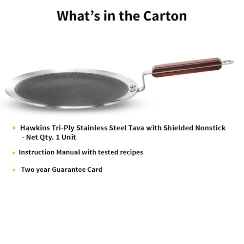 Hawkins 26cm stainless steel paratha tawa with honeycomb non-stick surface, shielded construction, and rosewood handle for household use.