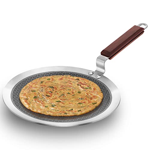 Hawkins 26cm stainless steel paratha tava with rosewood handle, honeycomb non-stick surface, ideal for induction cooking.